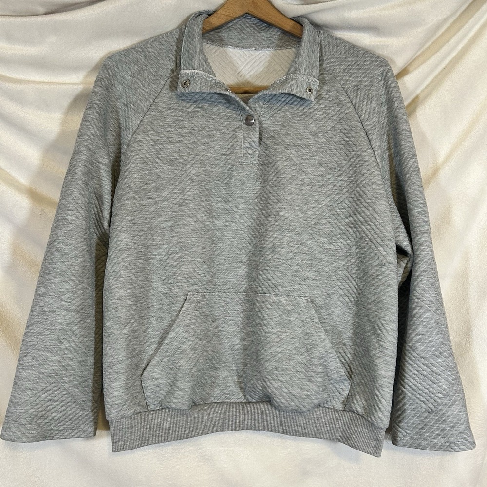 Quilted Pullover Sweatshirt Women‎ XL Gray Snaps Kangaroo Pocket SHEIN